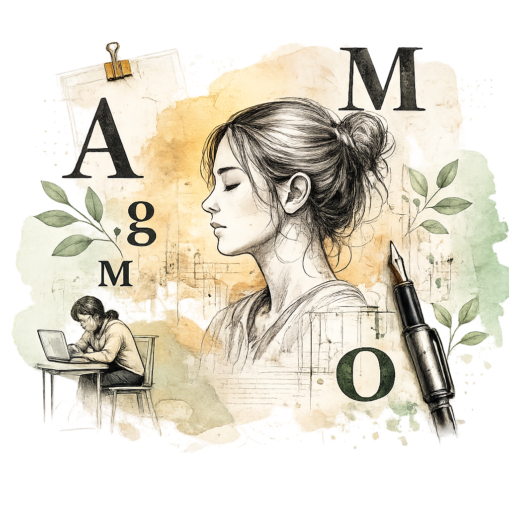 Illustrated collage: a woman's profile drawn in ink over soft watercolour washes, with floating typographic letters A, g, M and o and botanical sprigs.